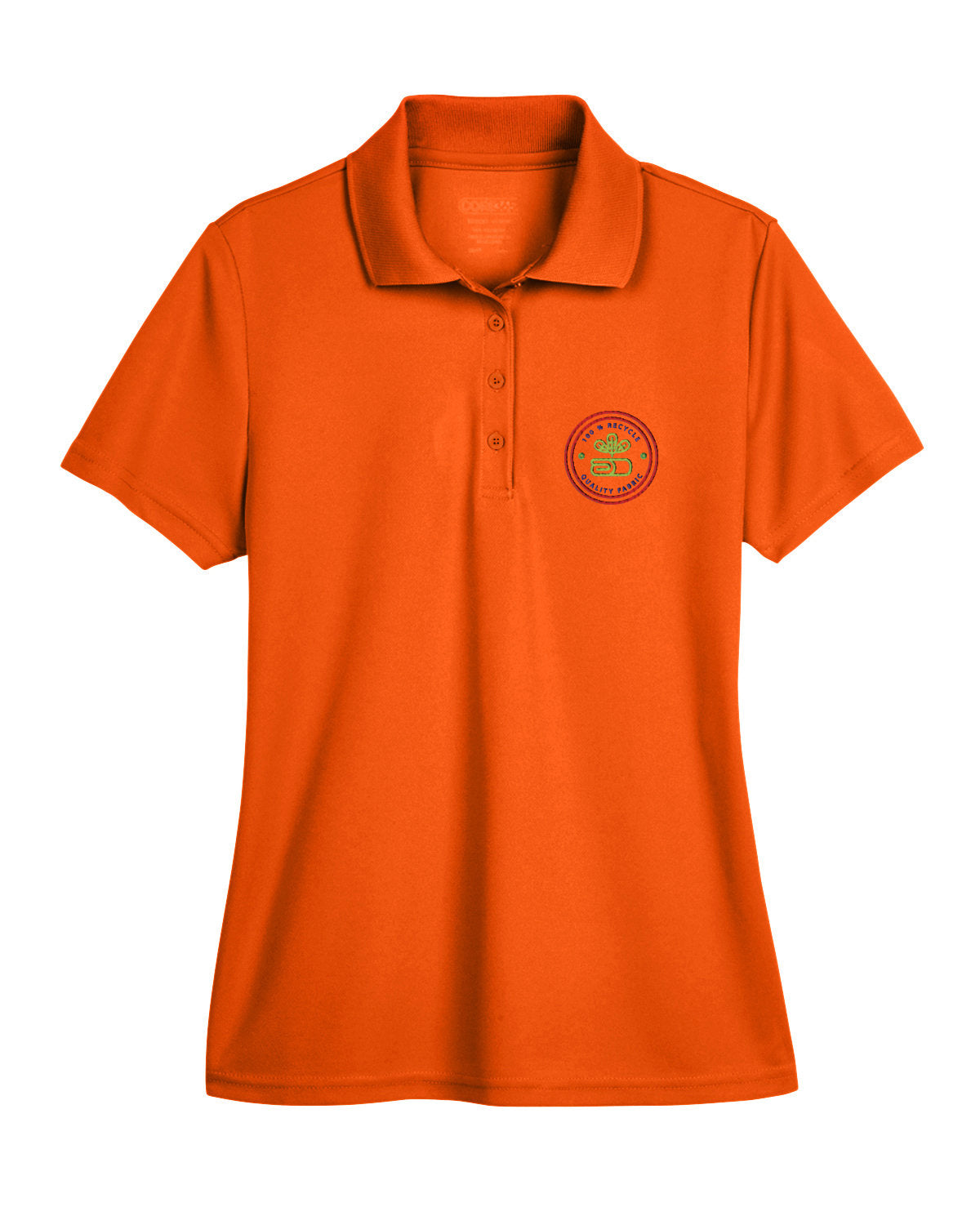 Campus Orange Core365 Ladies' Origin Performance Piqué Polo featuring a custom embroidered logo on the left chest.