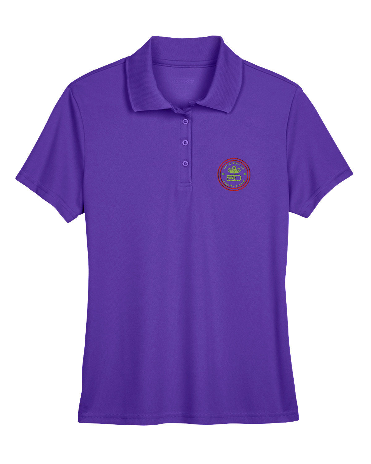 Campus Purple Core365 Ladies' Origin Performance Piqué Polo with custom embroidered logo on the left chest.