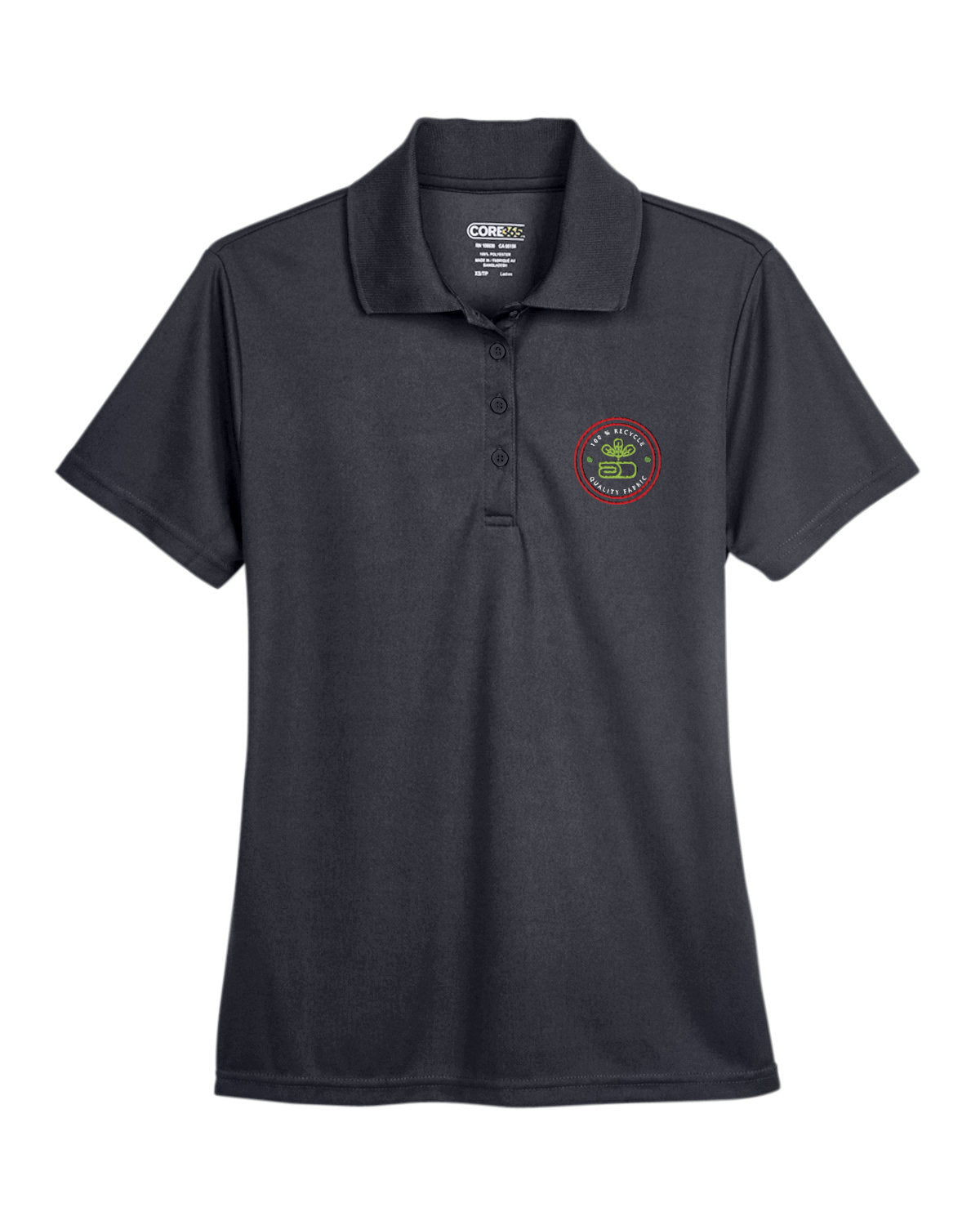 Carbon grey Core365 Ladies' Origin Performance Piqué Polo featuring a custom embroidered logo on the left chest.