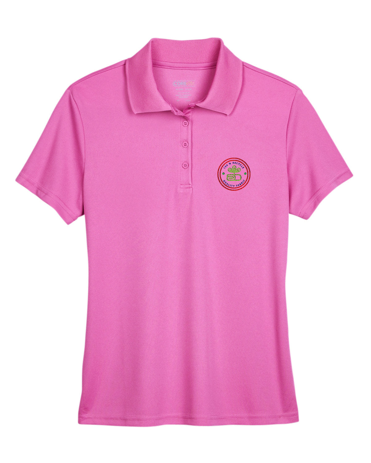 Charity pink Core365 Ladies' Origin Performance Piqué Polo with short sleeves, a four-button placket, and a circular embroidered logo on the left chest.