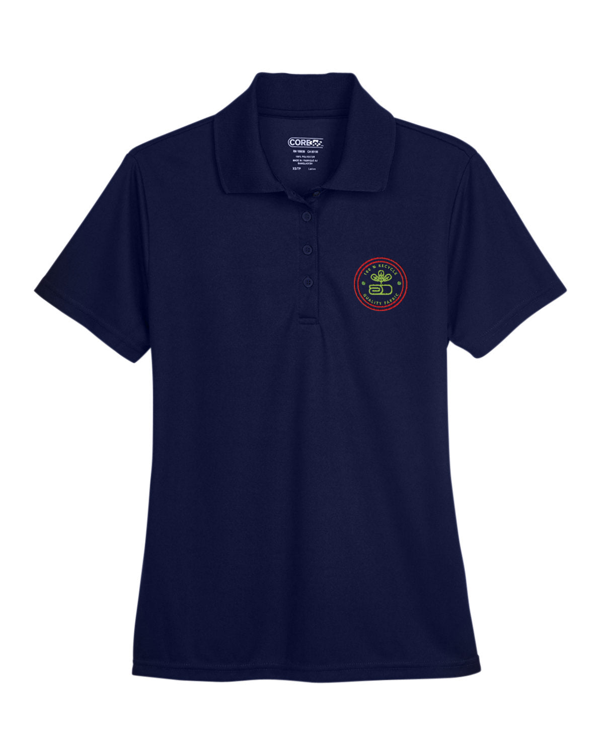 Classic Navy Core365 Ladies' Origin Performance Piqué Polo featuring a custom embroidered logo on the left chest, perfect for professional and promotional wear.