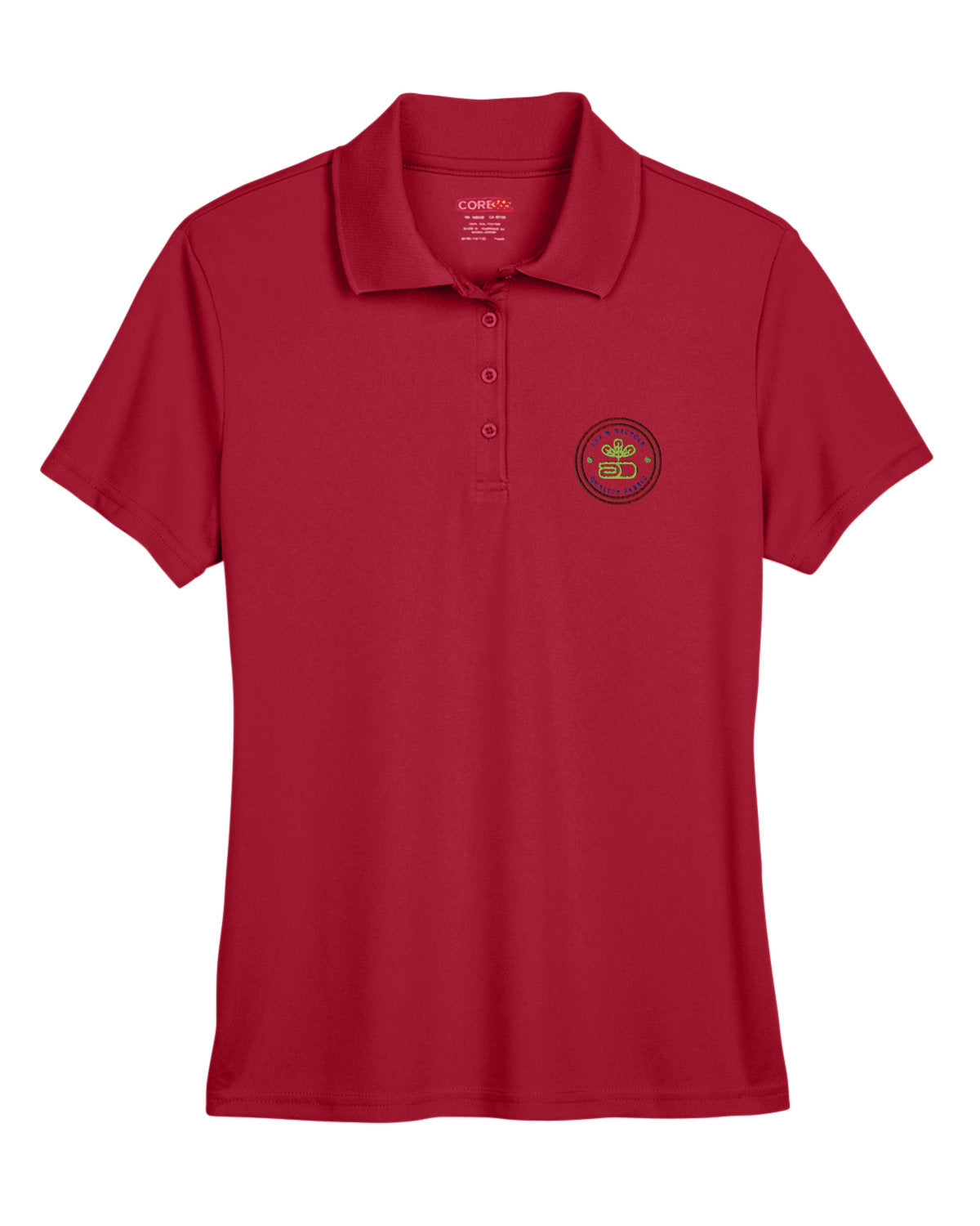 Classic red Core365 Ladies' Origin Performance Piqué Polo featuring a custom embroidered logo on the left chest.