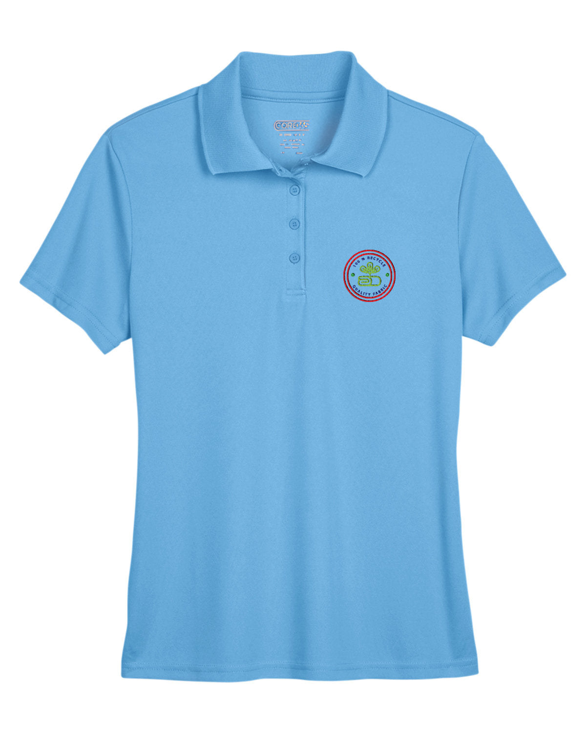 Columbia blue Core365 Ladies' Origin Performance Piqué Polo with short sleeves, a four-button placket, and a circular embroidered logo on the left chest.