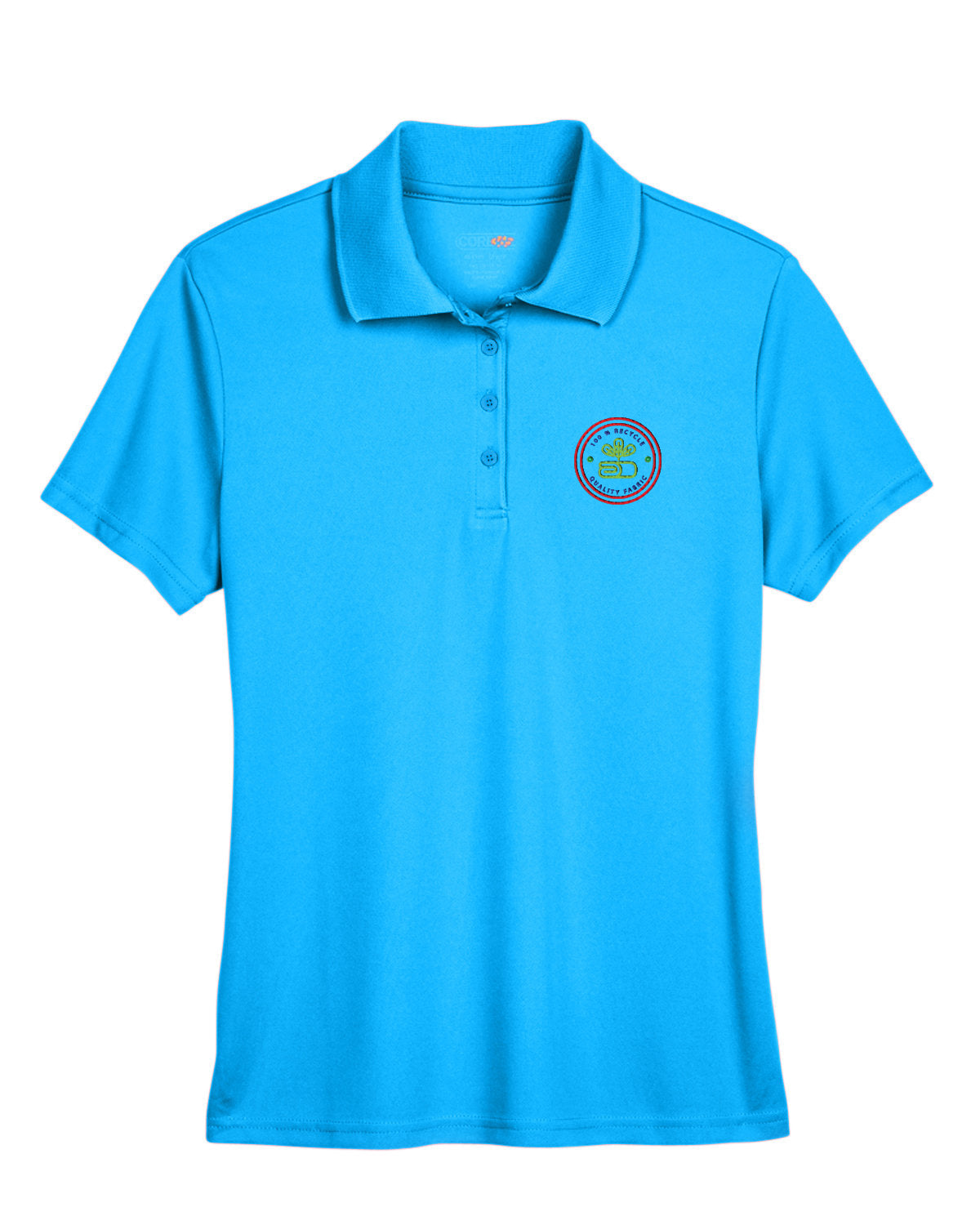Electric blue Core365 Ladies' Origin Performance Piqué Polo with short sleeves, a four-button placket, and a circular embroidered logo on the left chest.