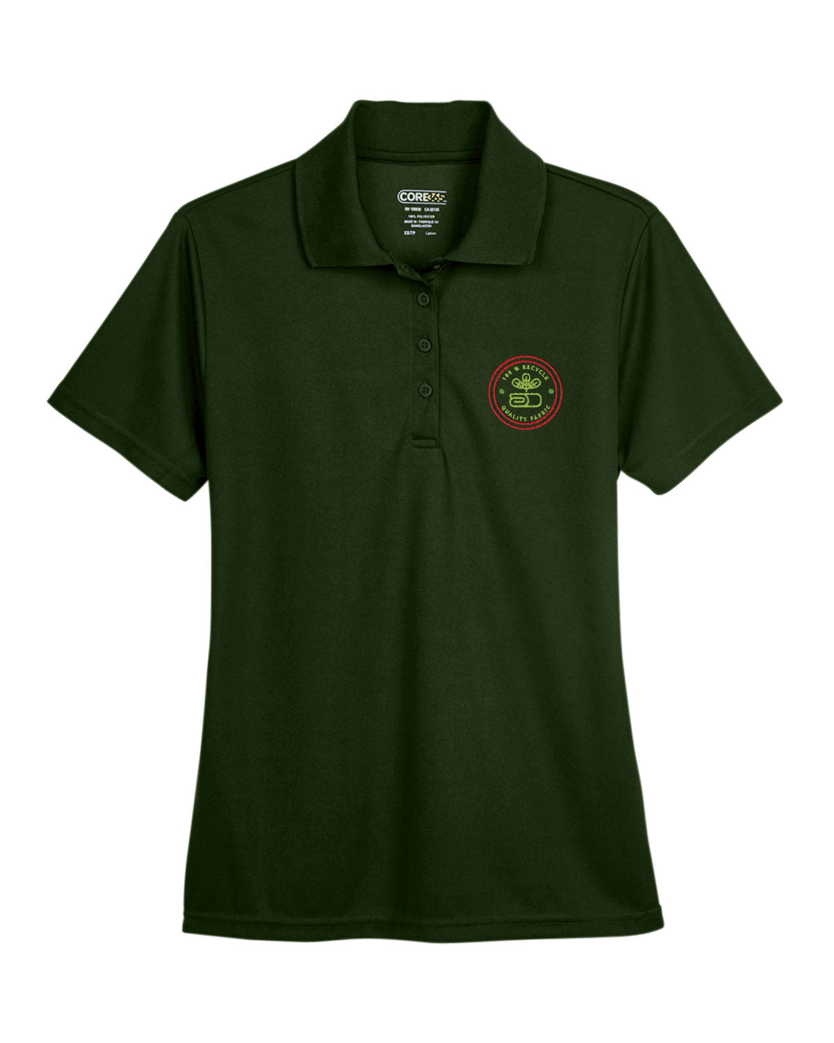 Forest green Core365 Ladies' Origin Performance Piqué Polo featuring a custom embroidered logo on the left chest.