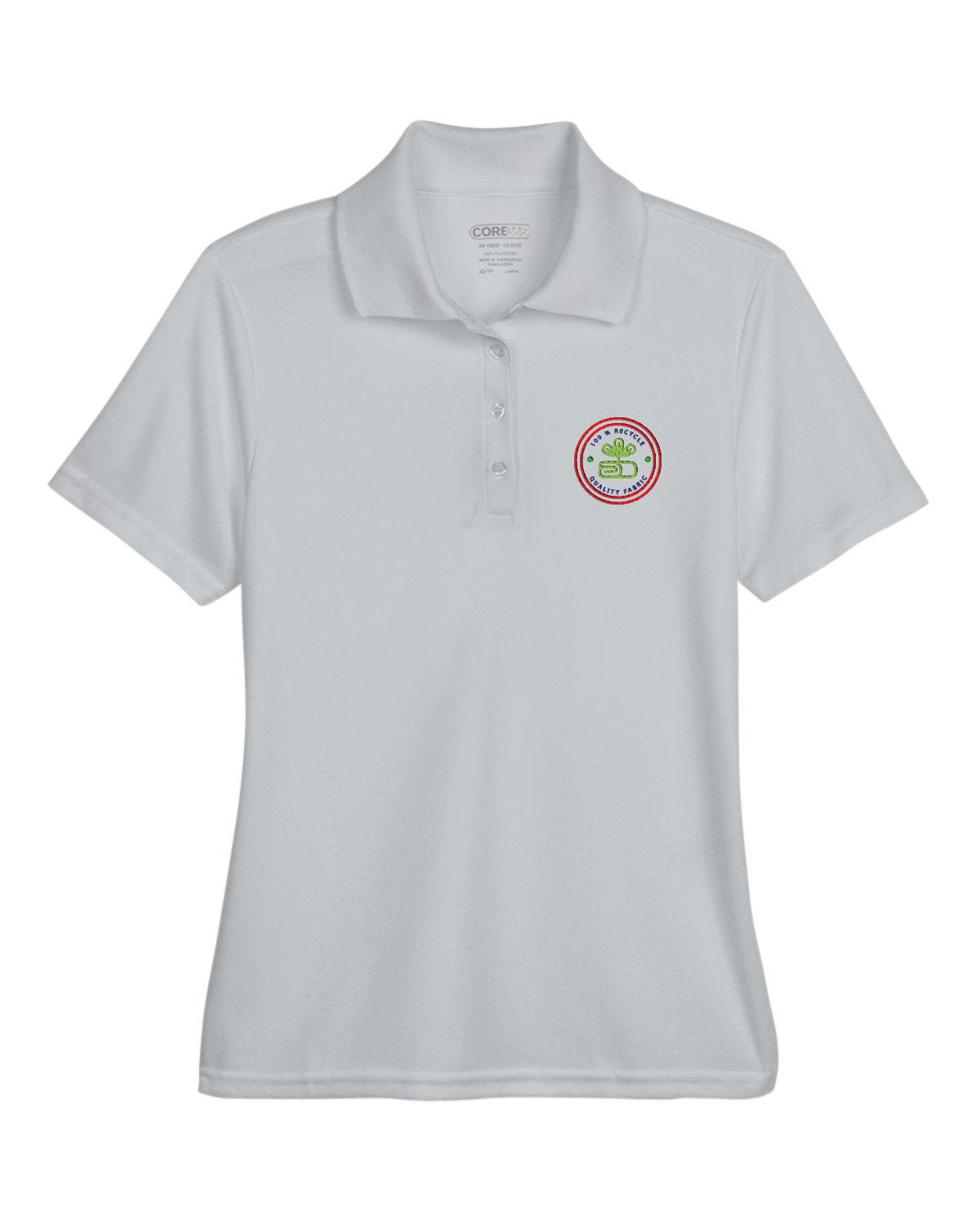 Platinum Core365 Ladies' Origin Performance Piqué Polo with short sleeves, a four-button placket, and a circular embroidered logo on the left chest.