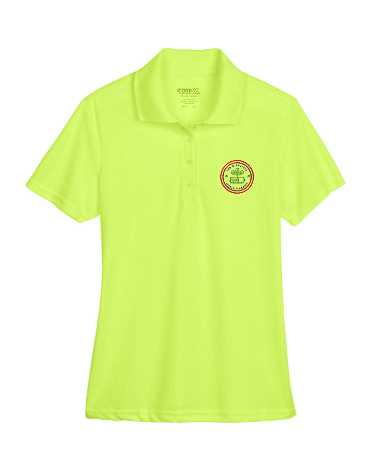 Safety yellow Core365 Ladies' Origin Performance Piqué Polo shirt with four-button placket and embroidered round logo on the left chest.