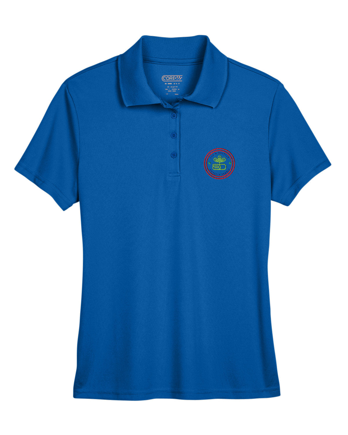 Royal blue Core365 Ladies' Origin Performance Piqué Polo with short sleeves, a four-button placket, and a circular embroidered logo on the left chest.