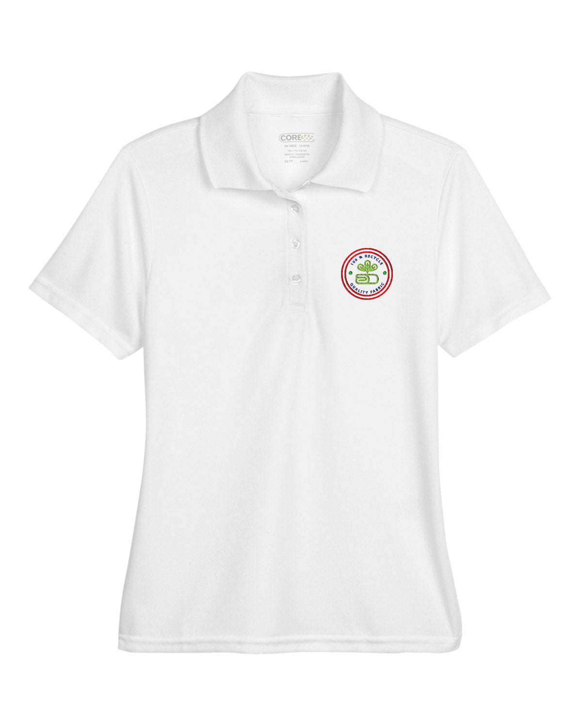 White Core365 Ladies' Origin Performance Piqué Polo with a custom embroidered logo on the left chest.