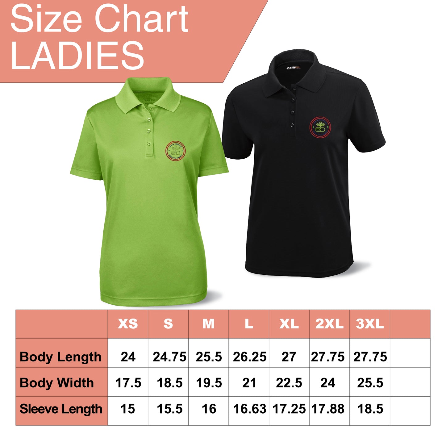 Size chart for Core365 Ladies' Origin Performance Piqué Polo, displaying body length, width, and sleeve length for sizes XS to 3XL with green and black polo shirt visuals.