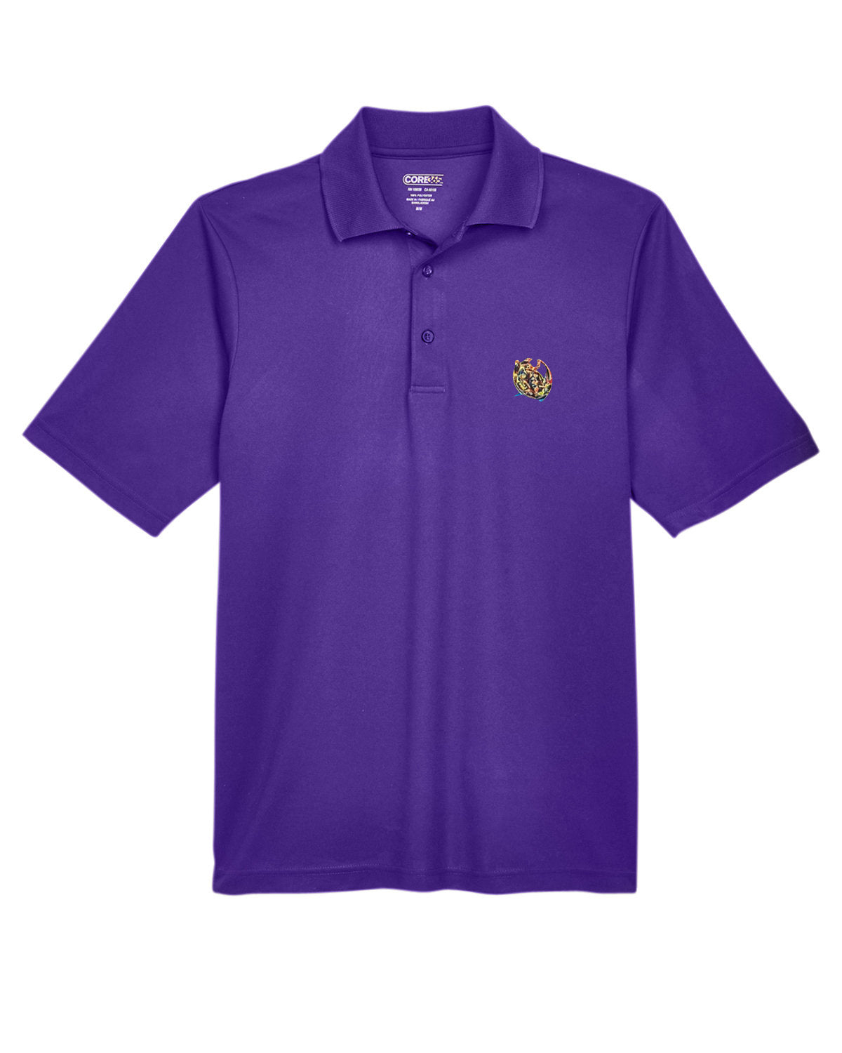 Campus purple men’s performance piqué polo shirt with a small multicolor embroidered logo on the left chest.