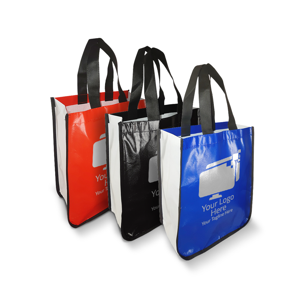 Small laminated non-woven tote bags with curved bottoms, shown in red, black, and blue colors with white side panels and black handles, featuring customizable logo space on the front.