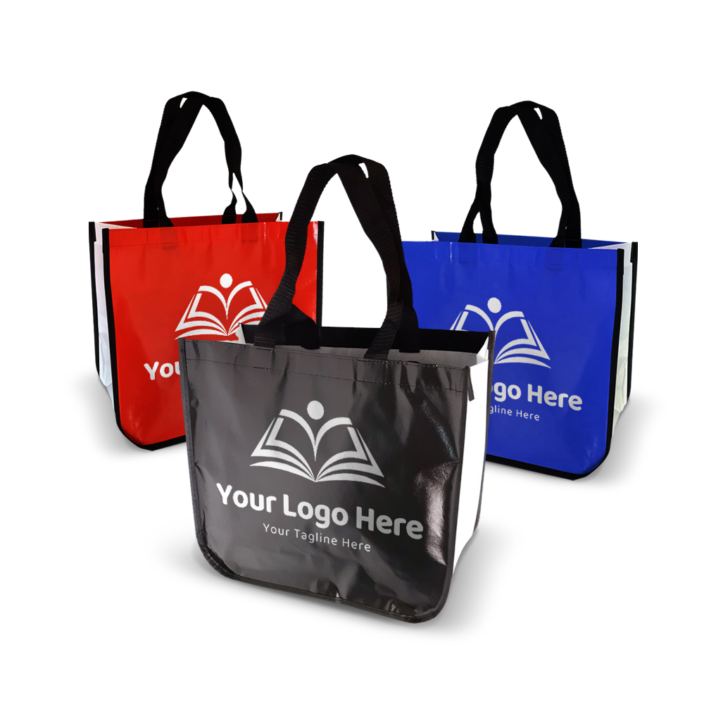 Colorful laminated tote bags with custom logo and black handles