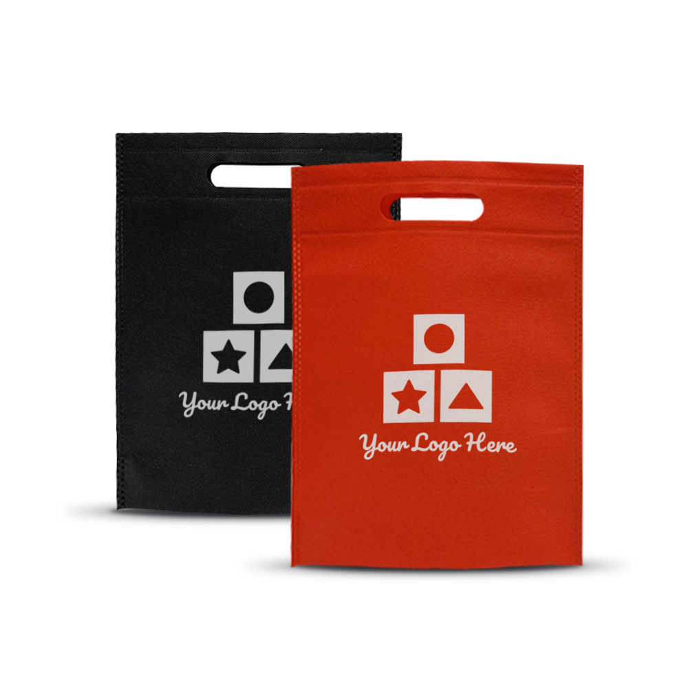 Red and black non-woven tote bags with die-cut handles and geometric icon logo mockups
