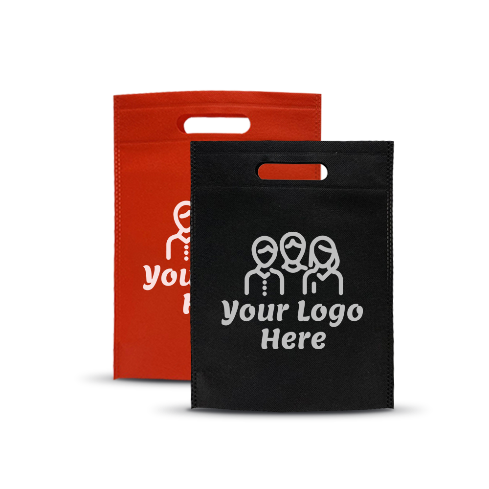 Red and black non-woven die-cut handle bags featuring a customizable logo print