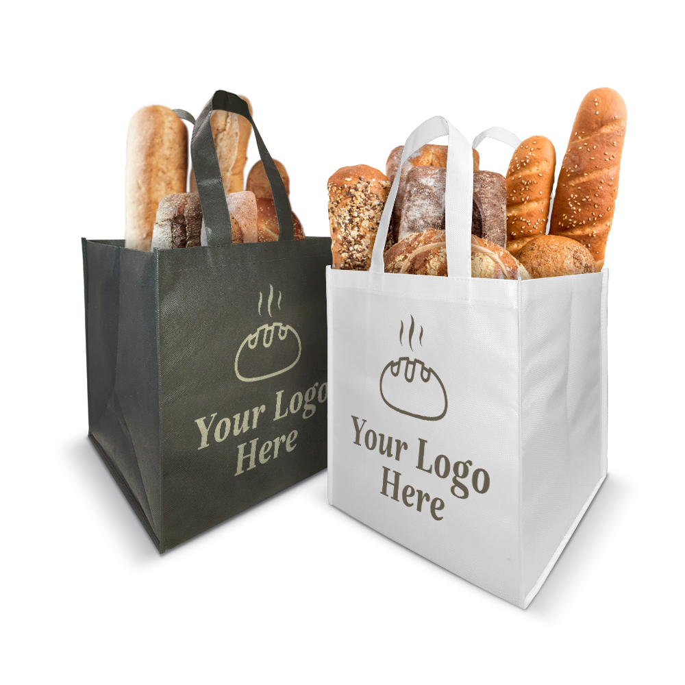 Reusable bakery tote bags in black and white, filled with assorted breads; features custom logo for branding.