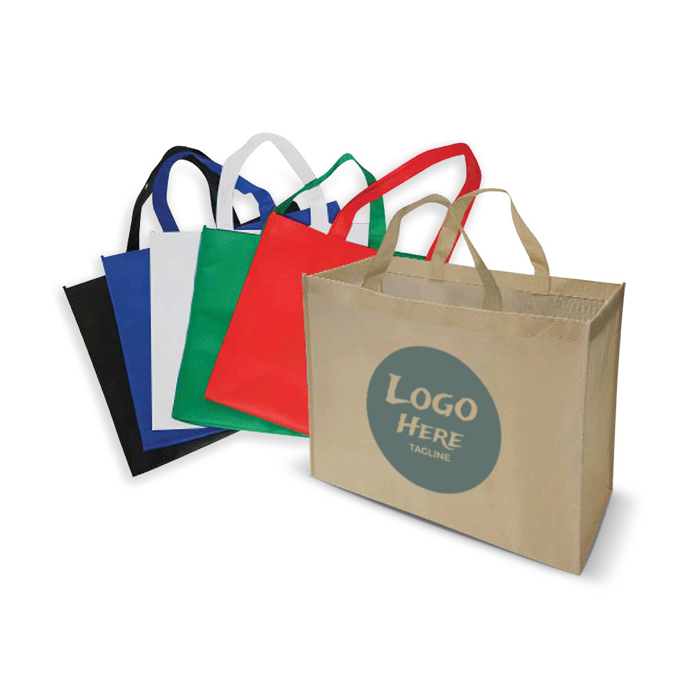 Assorted reusable tote bags in beige, red, green, white, blue, and black, with a customized logo on the beige bag