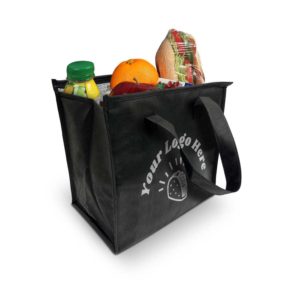 Black insulated grocery tote bag with custom logo, filled with food items