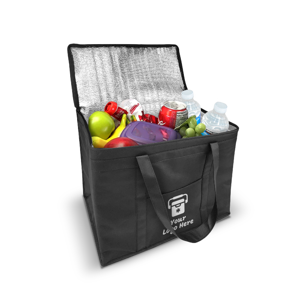 Black insulated cooler tote with zippered closure, featuring foil lining and sturdy handles