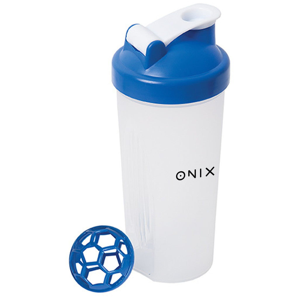 Frosted shaker bottle with blue flip-top lid and 'ONIX' logo, shown with matching blue mixing insert