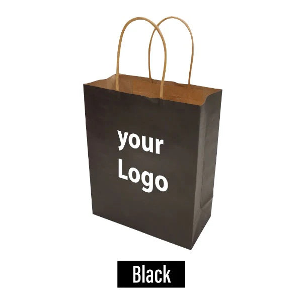 Black kraft paper bag with natural twisted handles and custom logo print