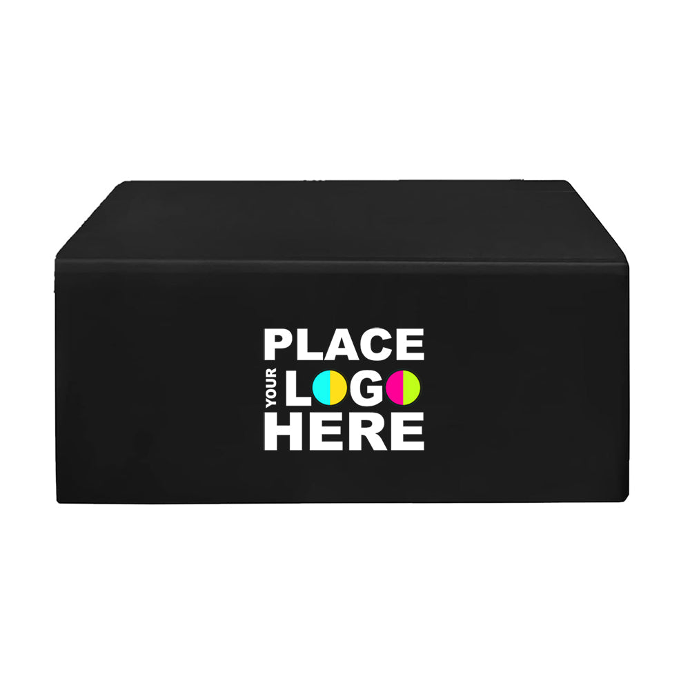 Black rectangular tablecloth with a logo for custom branding.
