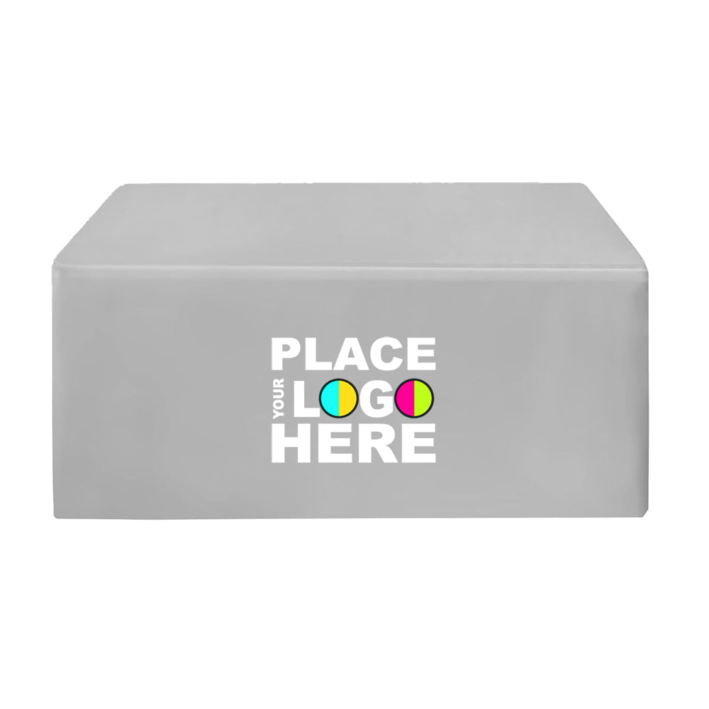 Gray rectangular tablecloth with a logo for custom branding.
