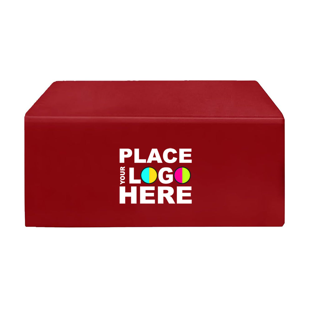 Red rectangular tablecloth with a logo for custom branding.