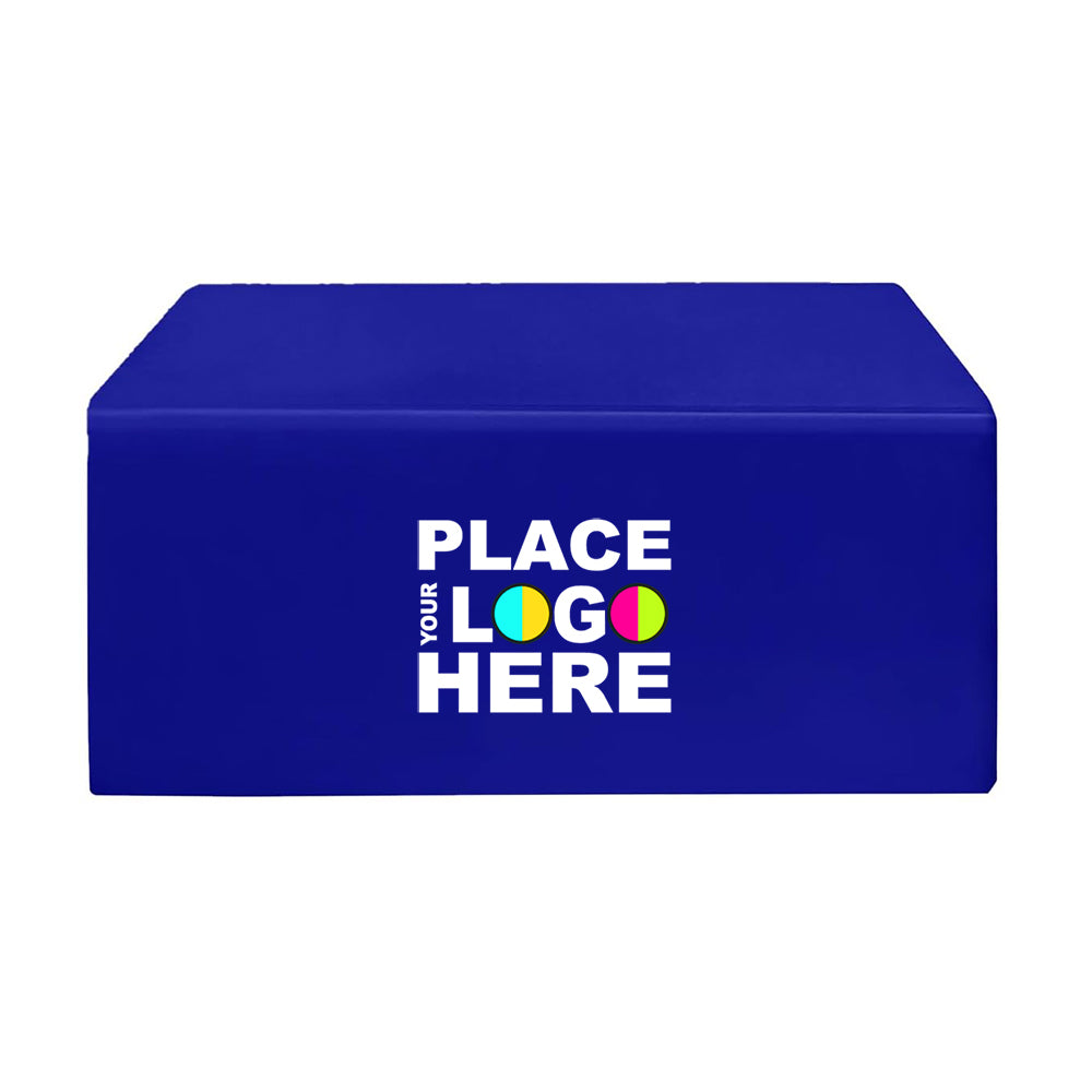 Blue rectangular tablecloth with a logo for custom branding.