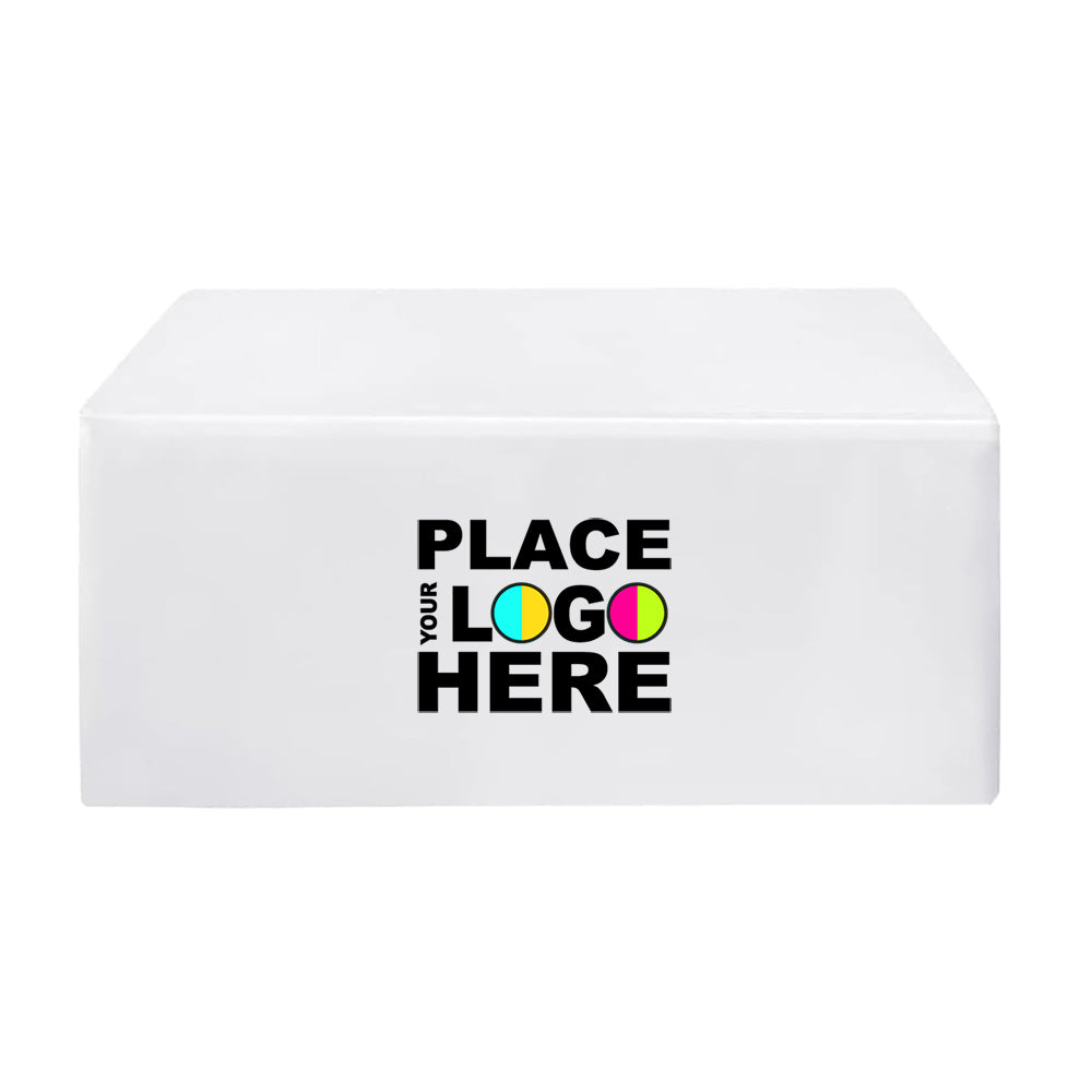 White rectangular tablecloth with a logo for custom branding.
