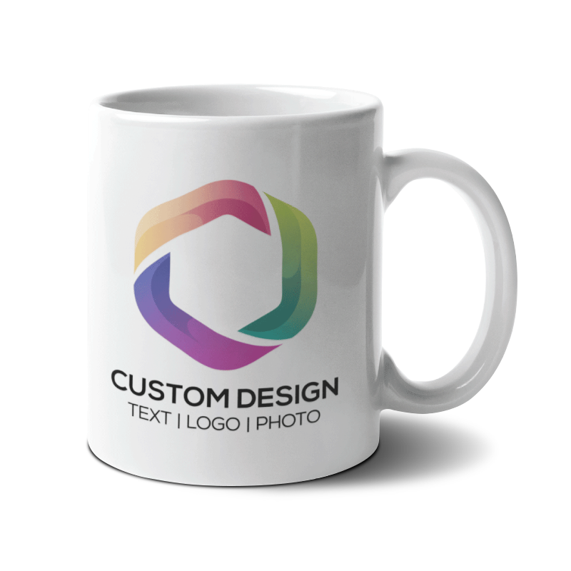 White ceramic mug with a colorful geometric logo and customizable text: "CUSTOM DESIGN – TEXT | LOGO | PHOTO".
