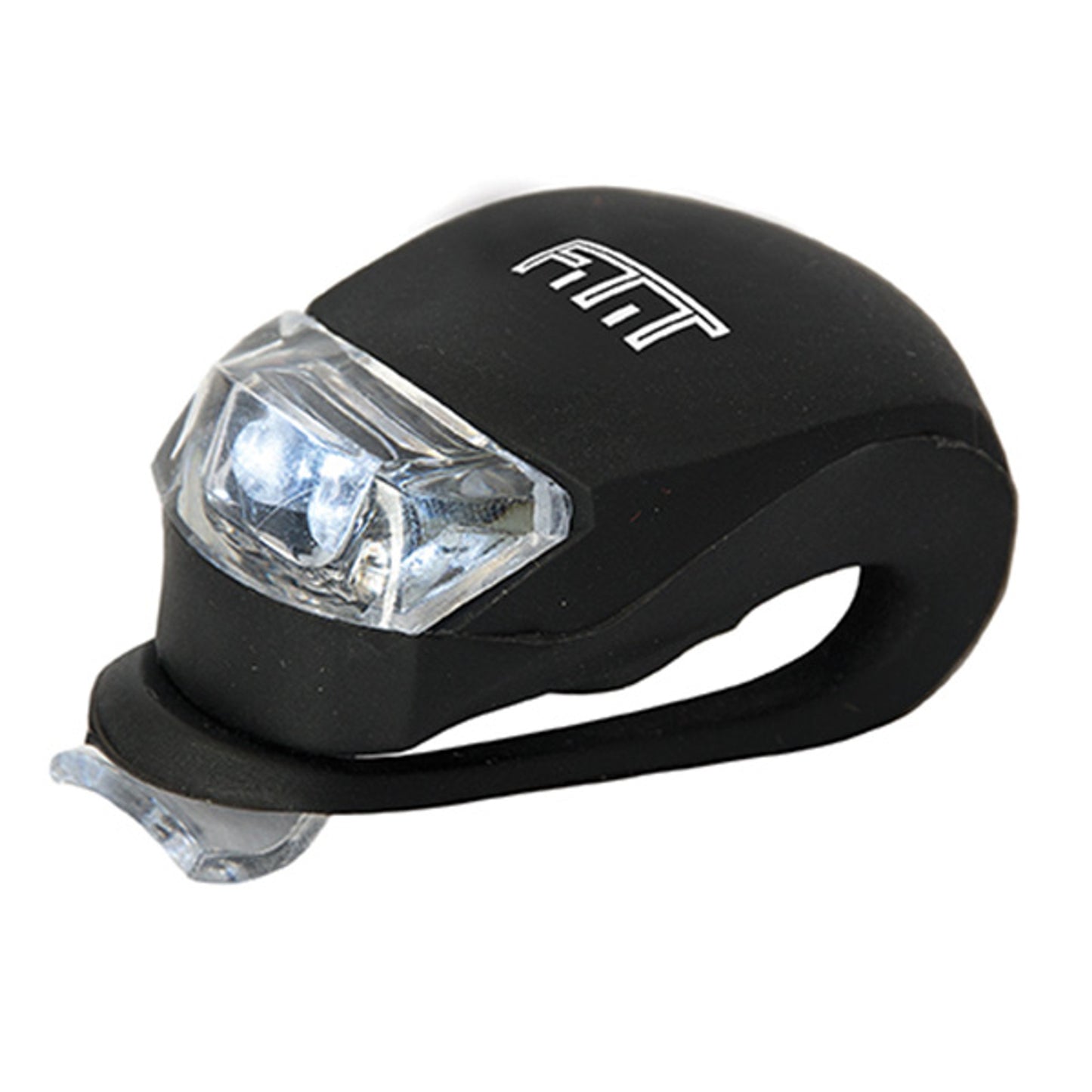Compact black LED bike light with a clear lens and flexible silicone strap, featuring a customized logo on top.