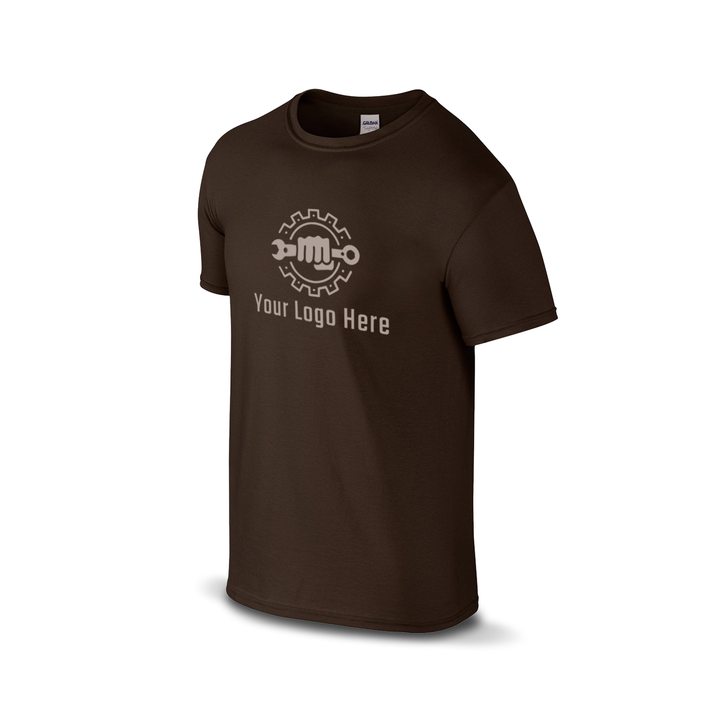 Dark chocolate short-sleeve t-shirt with a white logo and customizable tagline.