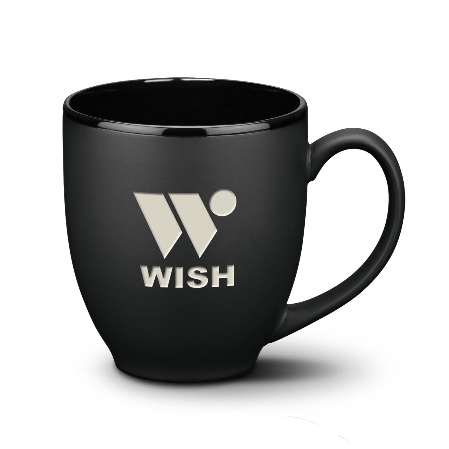 Matte black ceramic mug with black interior and silver WISH logo.