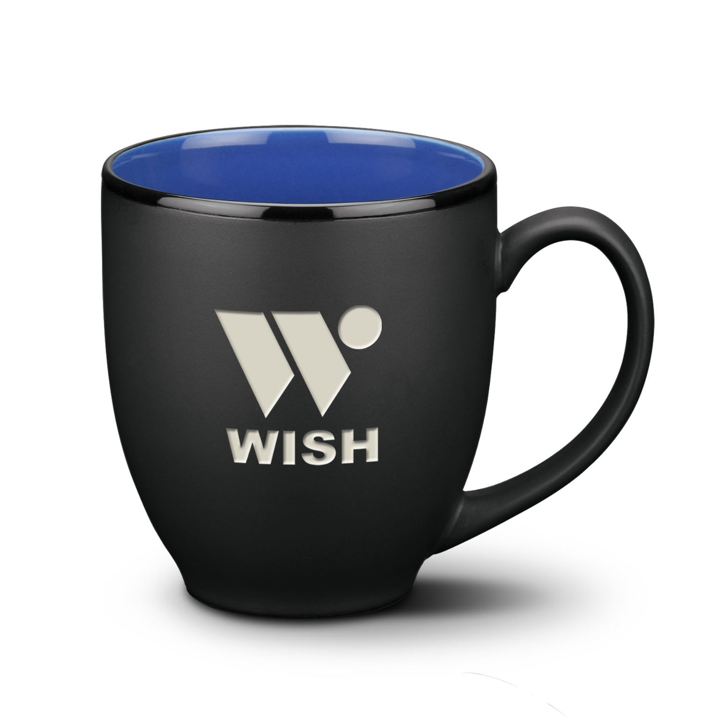Matte black ceramic mug with royal blue interior and silver WISH logo.