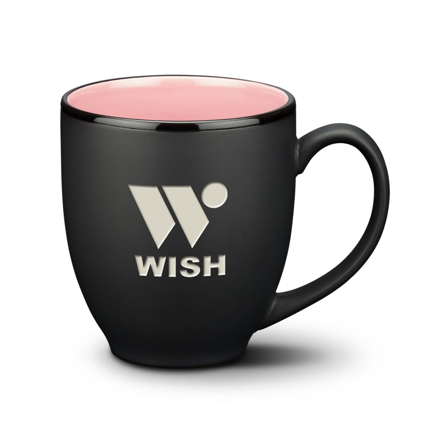 Matte black ceramic mug with pink interior and silver WISH logo.