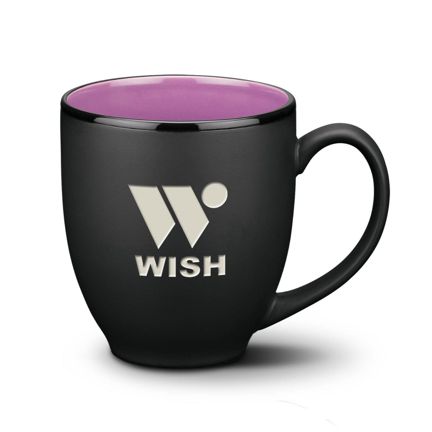 Matte black ceramic mug with purple interior and silver WISH logo.