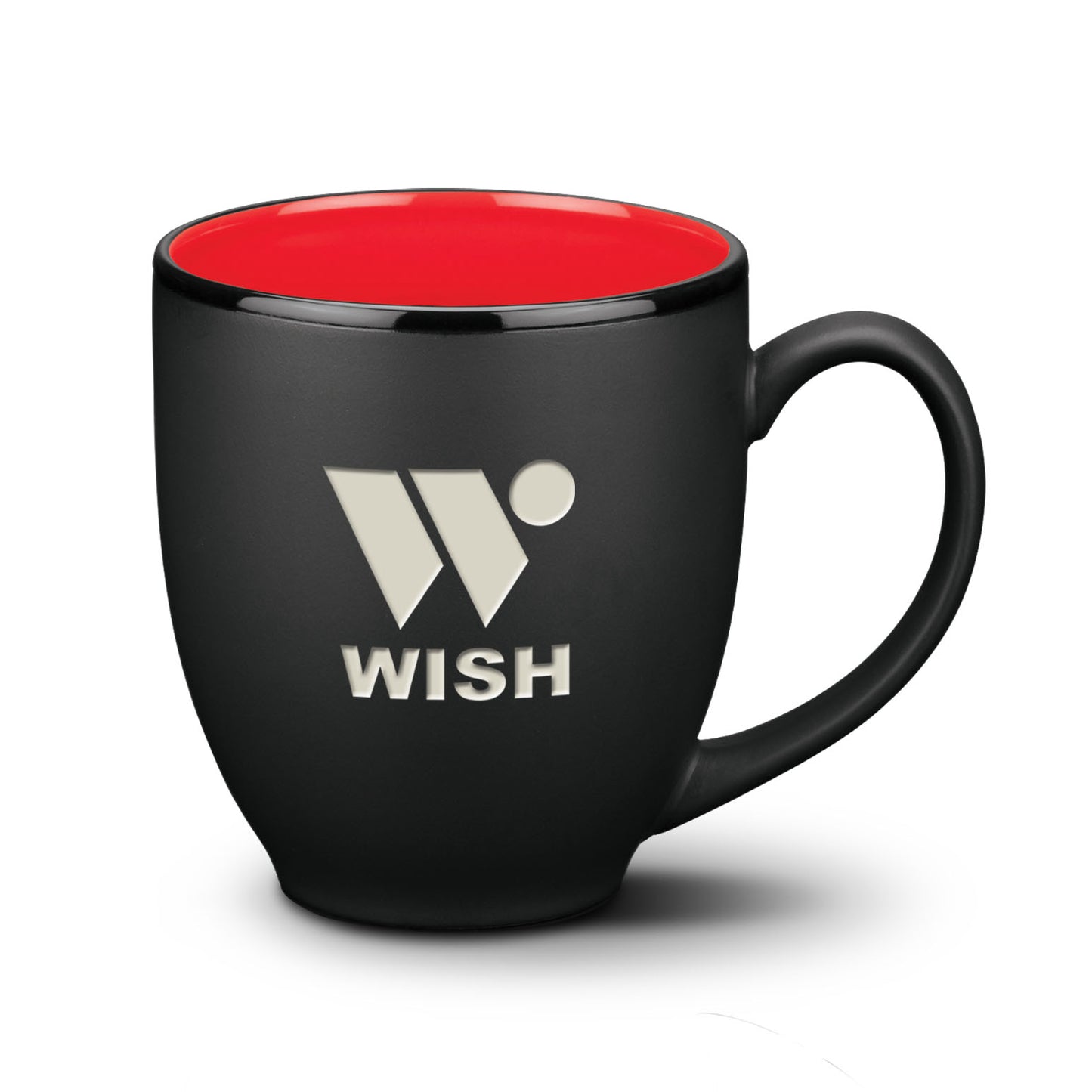 Matte black ceramic mug with red interior and silver WISH logo.