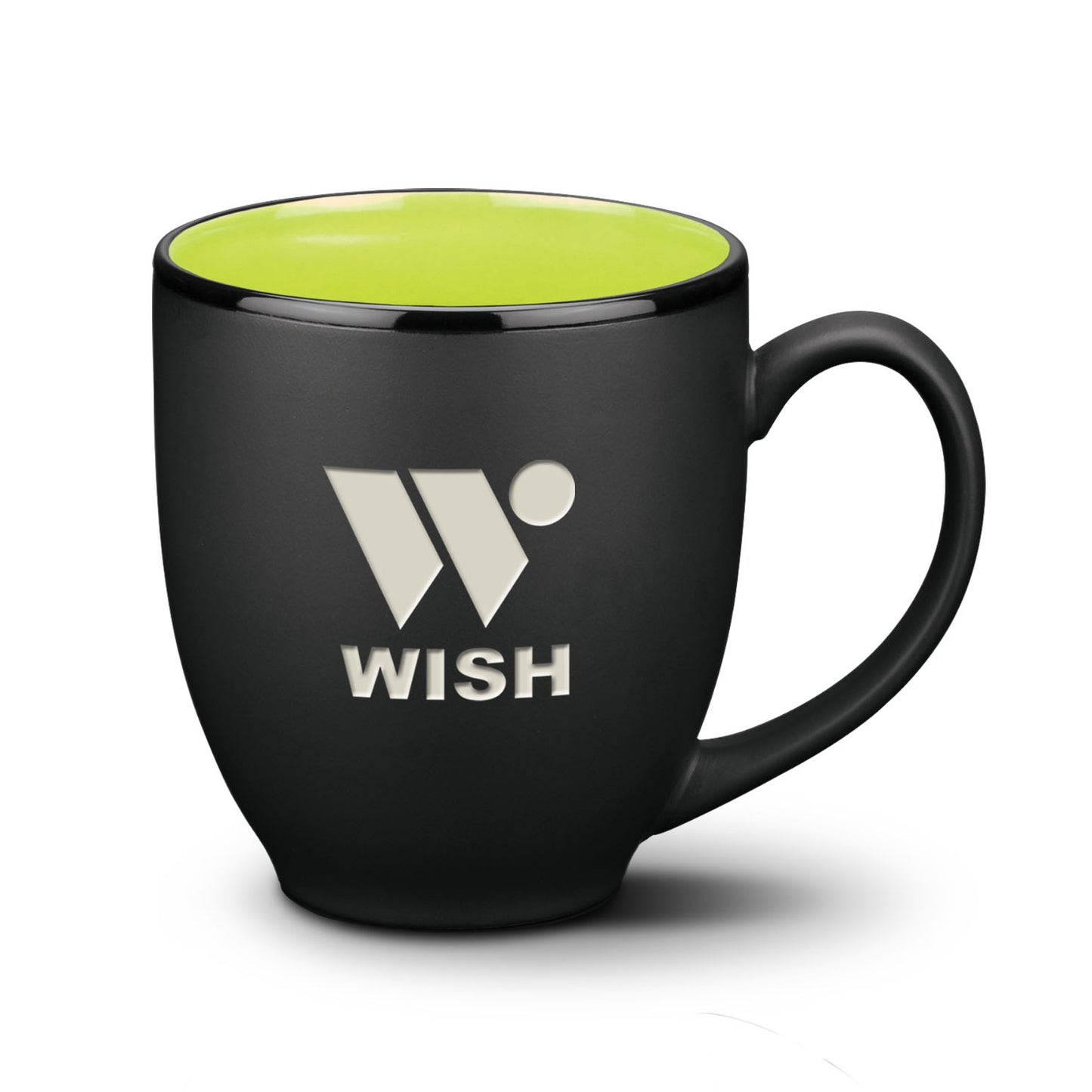 Matte black ceramic mug with safety green interior and silver WISH logo.