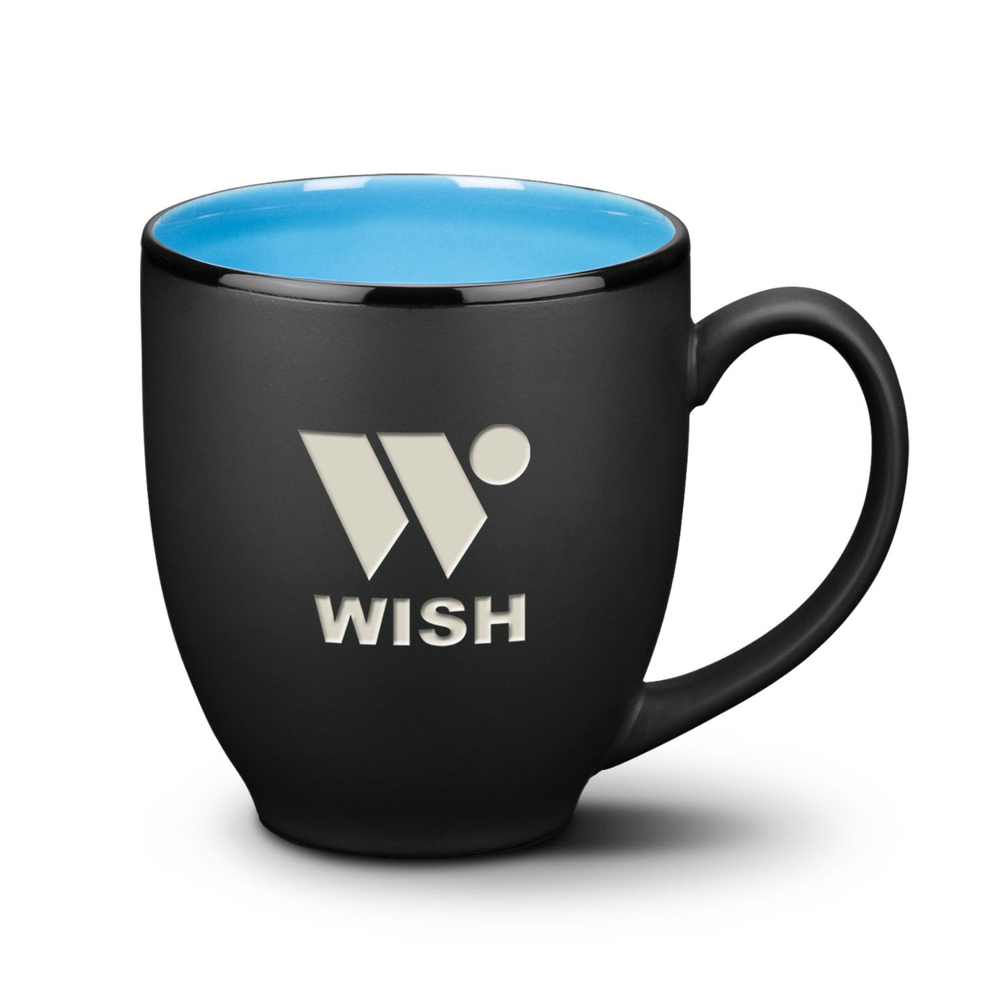 Matte black ceramic mug with sky blue interior and silver WISH logo.