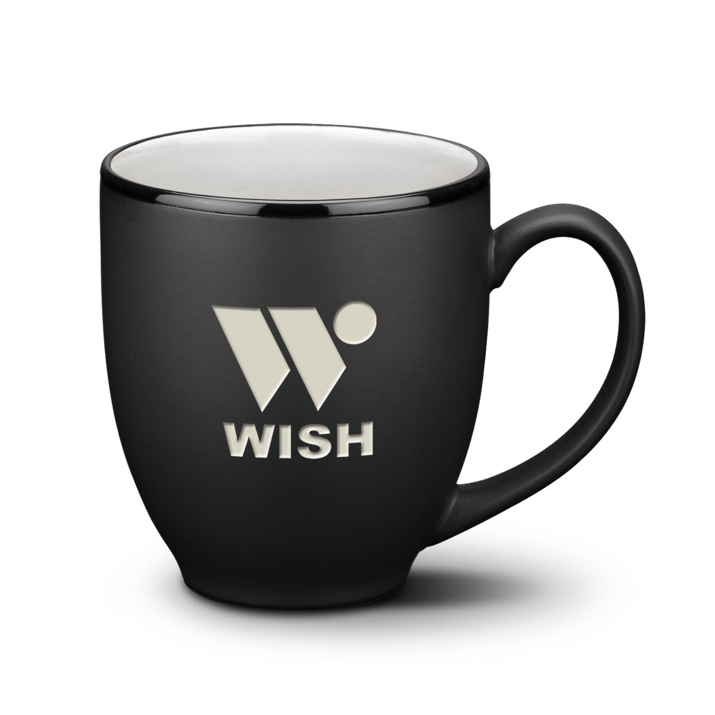 Matte black ceramic mug with white interior and silver WISH logo.