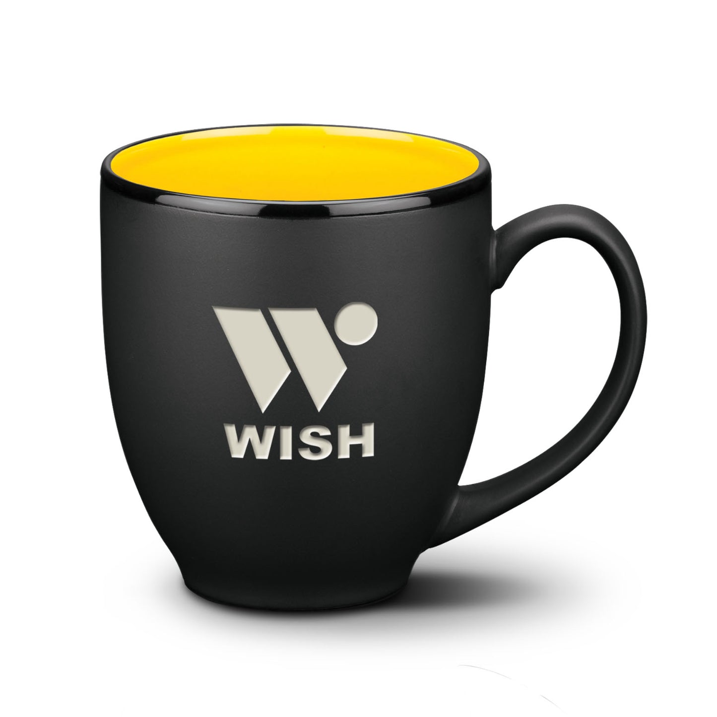 Matte black ceramic mug with bright yellow interior and silver WISH logo.