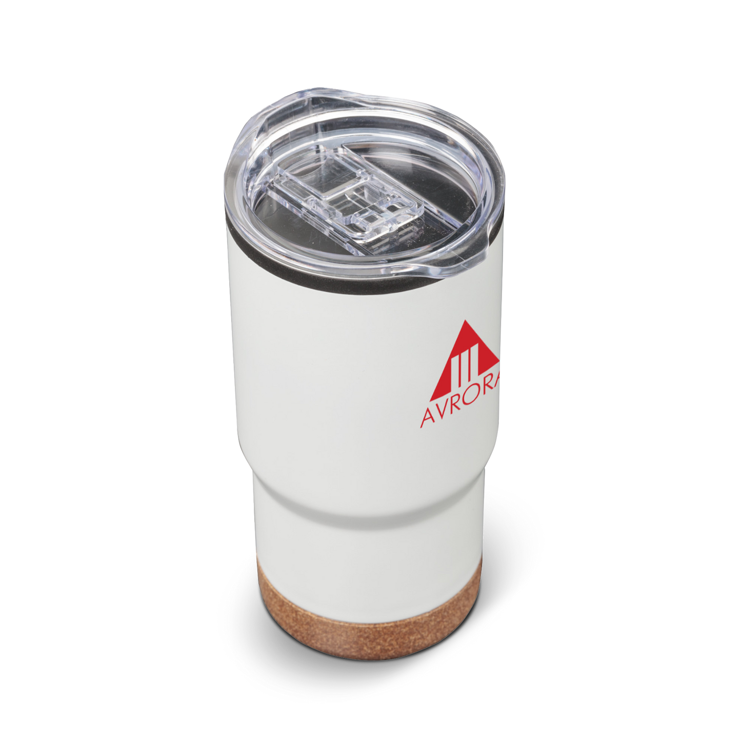 Angled view of a white travel tumbler with clear lid, cork base, and red Avrora logo.