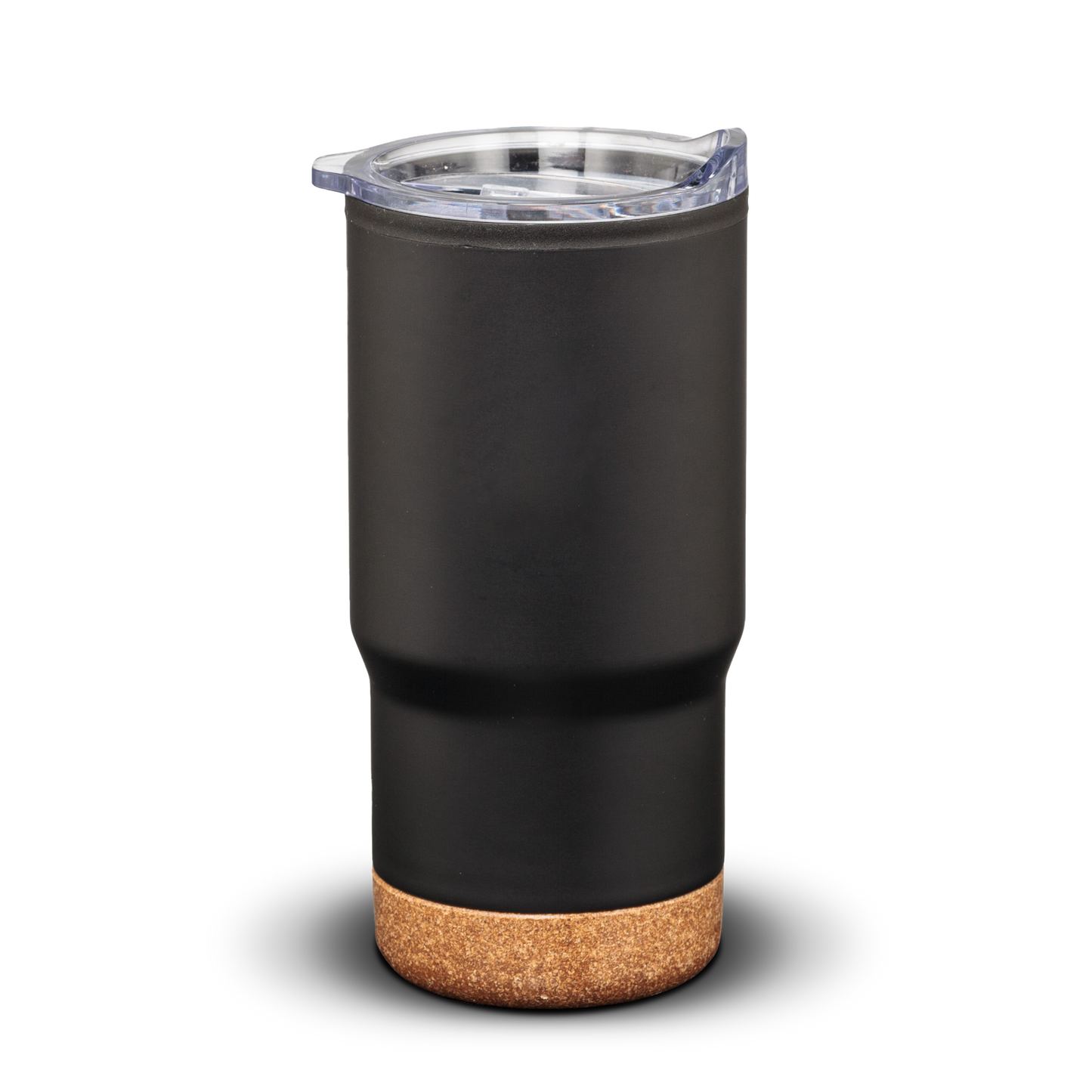 Matte black travel tumbler with clear lid and cork base.