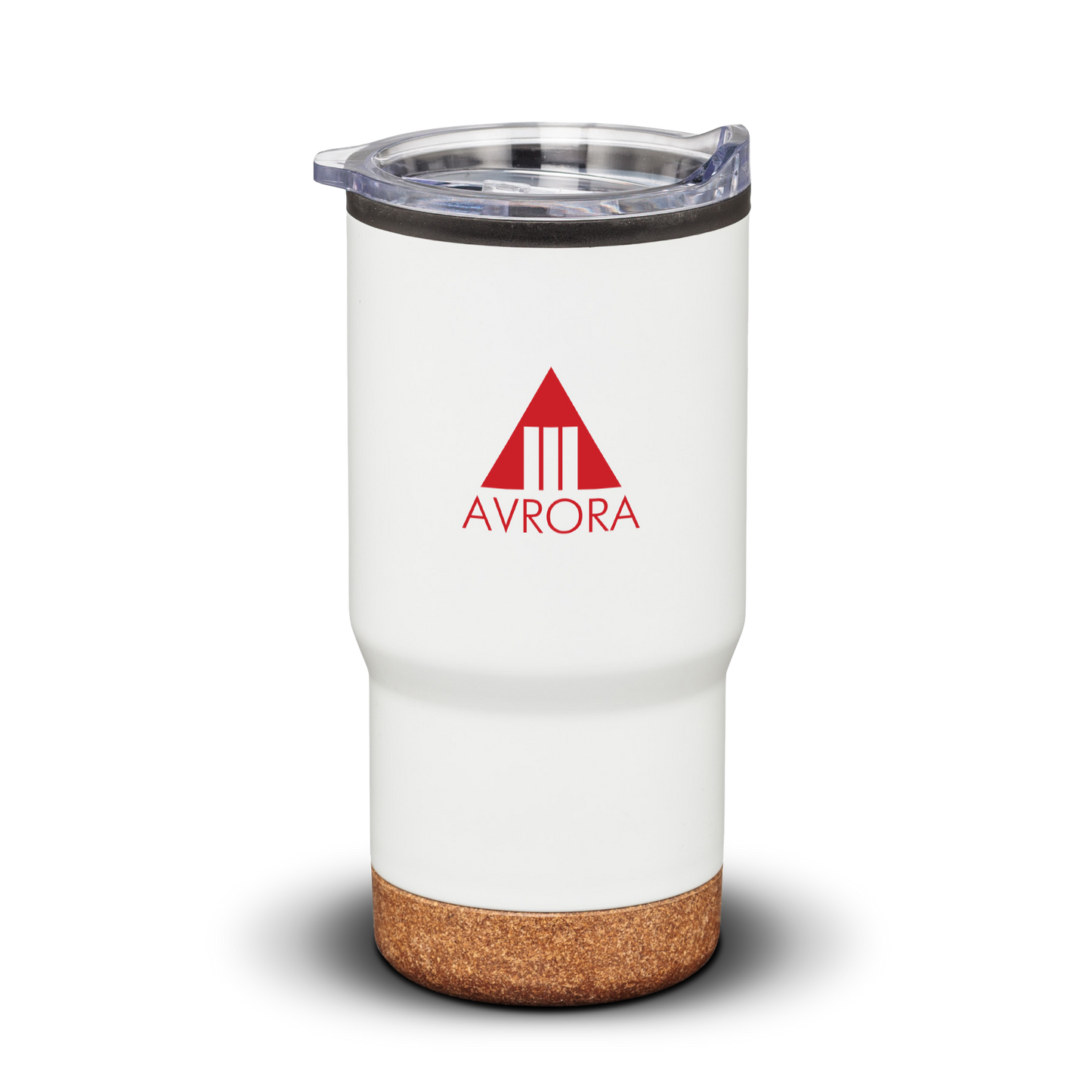 White travel tumbler with clear lid, cork base, and red Avrora logo.