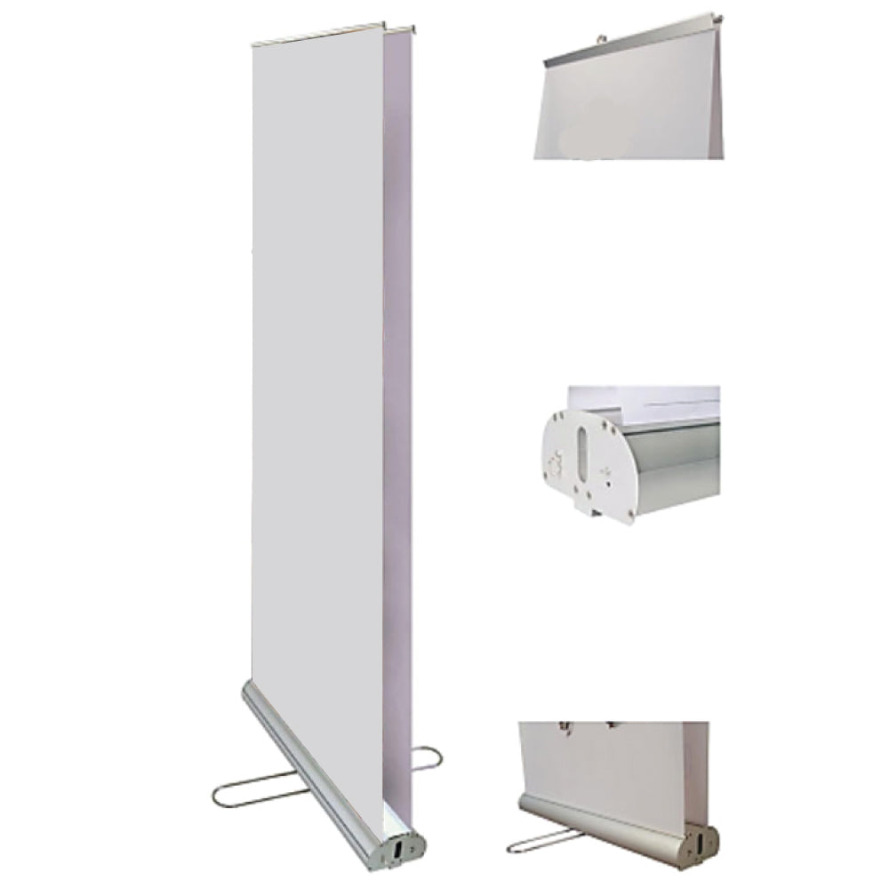 Double-sided pull-up banner rear and base views showing aluminum frame and dual display design