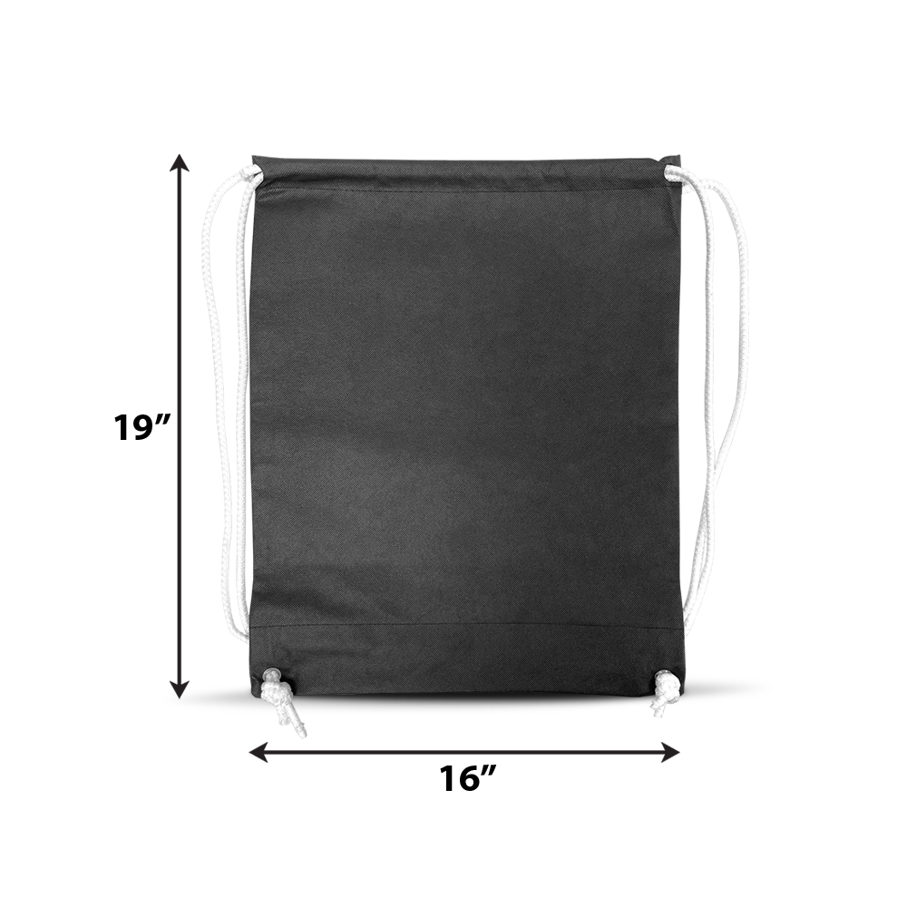 Black non-woven drawstring bag with white cords, 17" x 13" in size