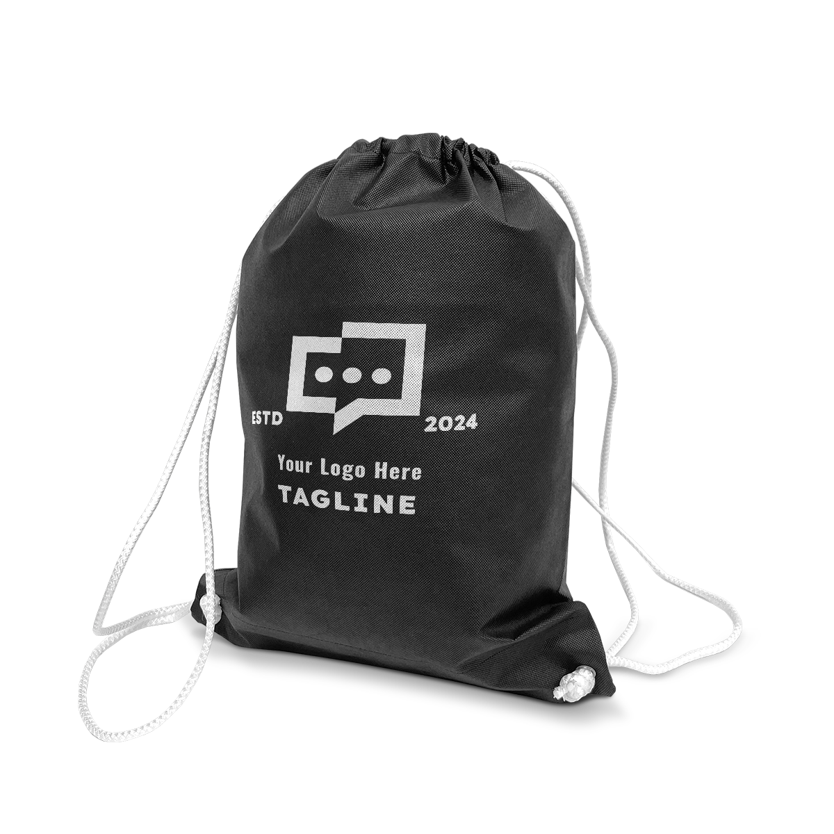 Black drawstring backpack with white rope handles and custom logo print.