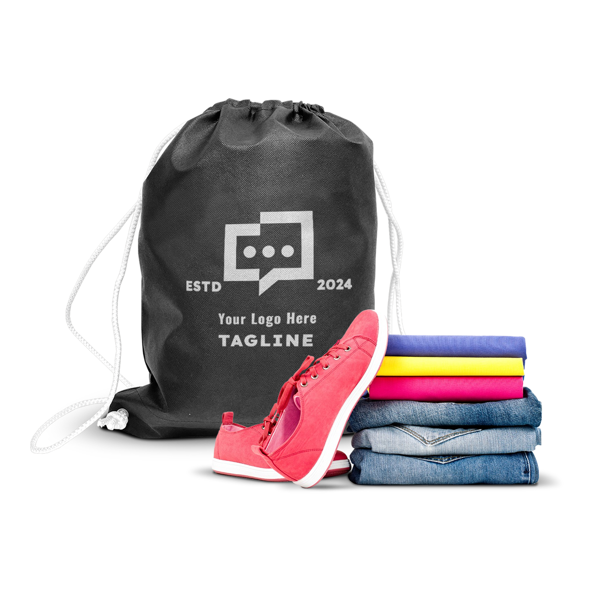 Black drawstring backpack with custom logo print, displayed alongside folded clothes and sneakers.