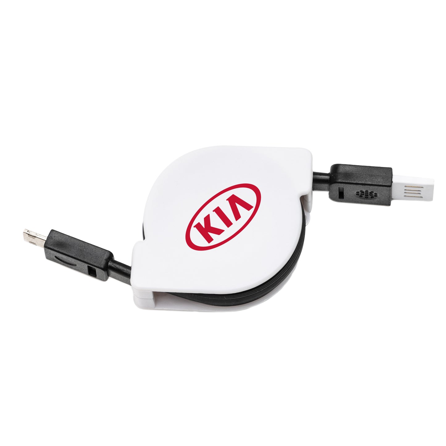 Retractable USB charging cable with a white casing featuring a custom logo and black connectors on both ends.